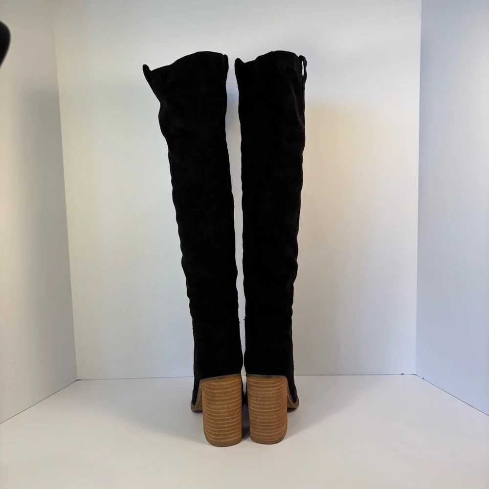 Tall Black Faux Suede Boot with Stacked 3.5”Heel Sz 6 Boho Festival Western